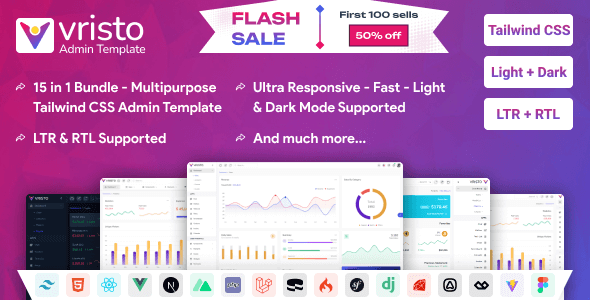 Vristo – Tailwind CSS, React JS, Vue JS, Next JS, HTML, Laravel, Node Multipurpose Admin Template by sbthemes