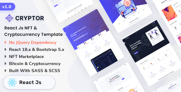 Cryptor - React Js NFT Marketplace & Cryptocurrency Landing Template by ShreeThemes