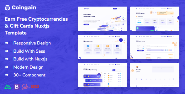 CoinGain - Earn Free Coins, Cryptocurrencies Gift Cards Vue Nuxt Template by Prexius