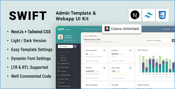 Swift Next.js + Tailwind CSS Admin Dashboard Template by thememakker