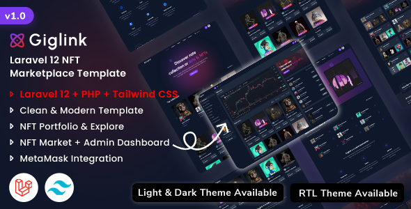 Giglink - Laravel 12 NFT Marketplace Landing + Admin Dashboard Template by ShreeThemes