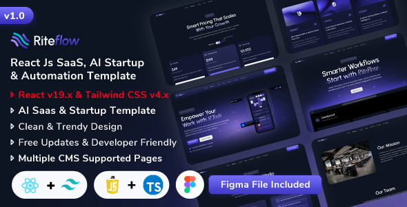 RiteFlow - React Js AI Startup, SaaS & Automation Tech Business Template by ShreeThemes