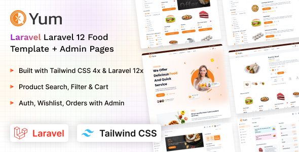 Yum - Tailwind CSS & Laravel 12 Client & Admin Food Template by coderthemes