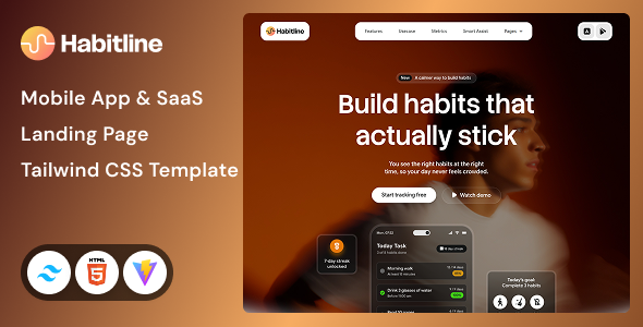 Habitline - Mobile App & SaaS Landing Page Tailwind CSS HTML Template by Unifato