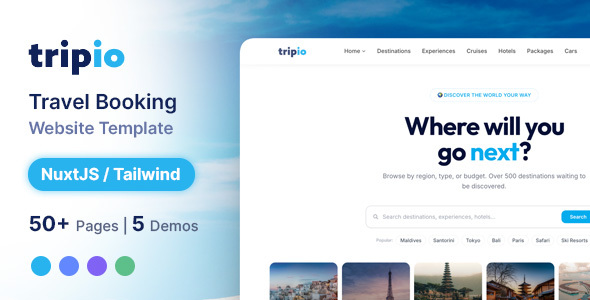 Tripio - Travel Booking Website | NuxtJS Tailwind Template by brandio