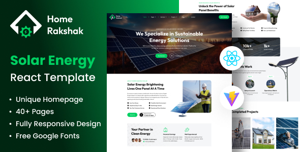 Renewable Solar Energy Service React Template - Home Rakshak by DelicateThemes