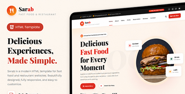 Sarab - Fast Food & Restaurant HTML Template by jannat_themes