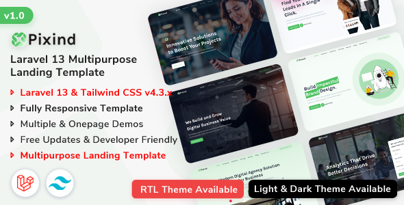 Pixind - Laravel 13 Responsive Landing Template by ShreeThemes