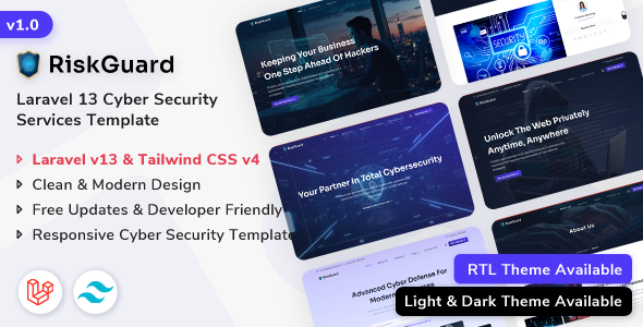 RiskGuard Laravel 13 Cyber Security Services Template by ShreeThemes