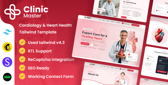 ClinicMaster - Cardiology & Heart Health Tailwind CSS Template by DexignZone