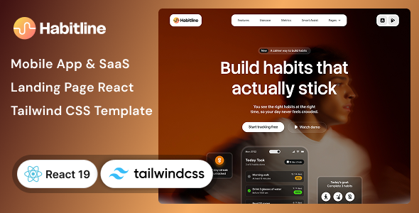 Habitline - Mobile App, SaaS Landing Page React & Tailwind CSS Template by Unifato